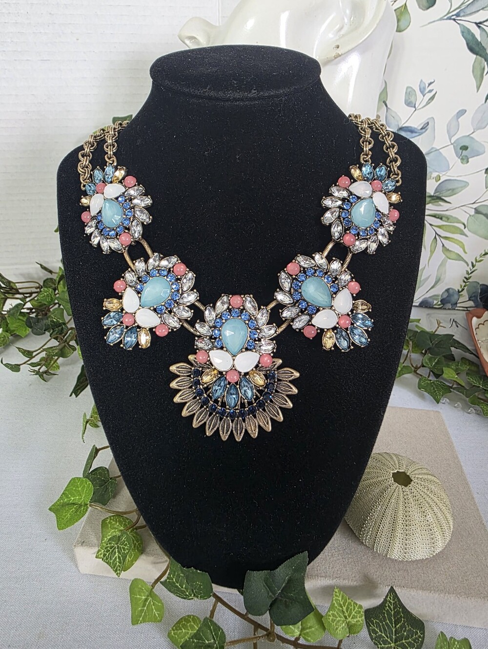 Boho Chunky Statement Bib Necklace Crystal Floral Medallion Gold Tone Blue Pink